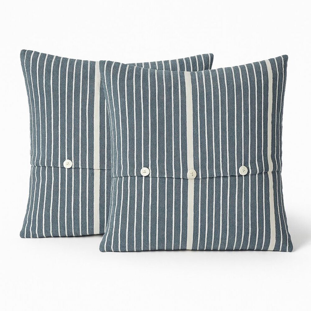 West Elm Silk Blend Striped Pillow Covers Button Front Set of 2 19x19 Navy